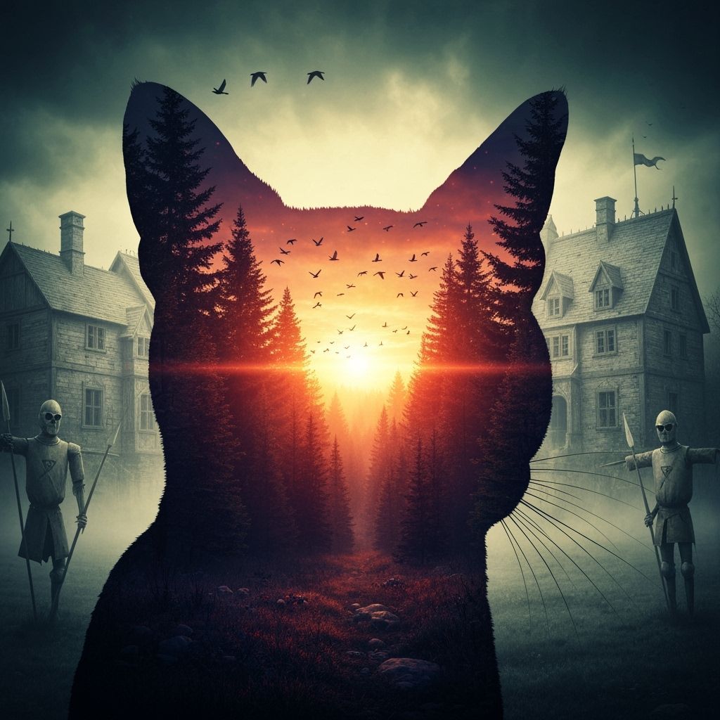 Cat Silhouette Forest Sunset Double Exposure Portrait