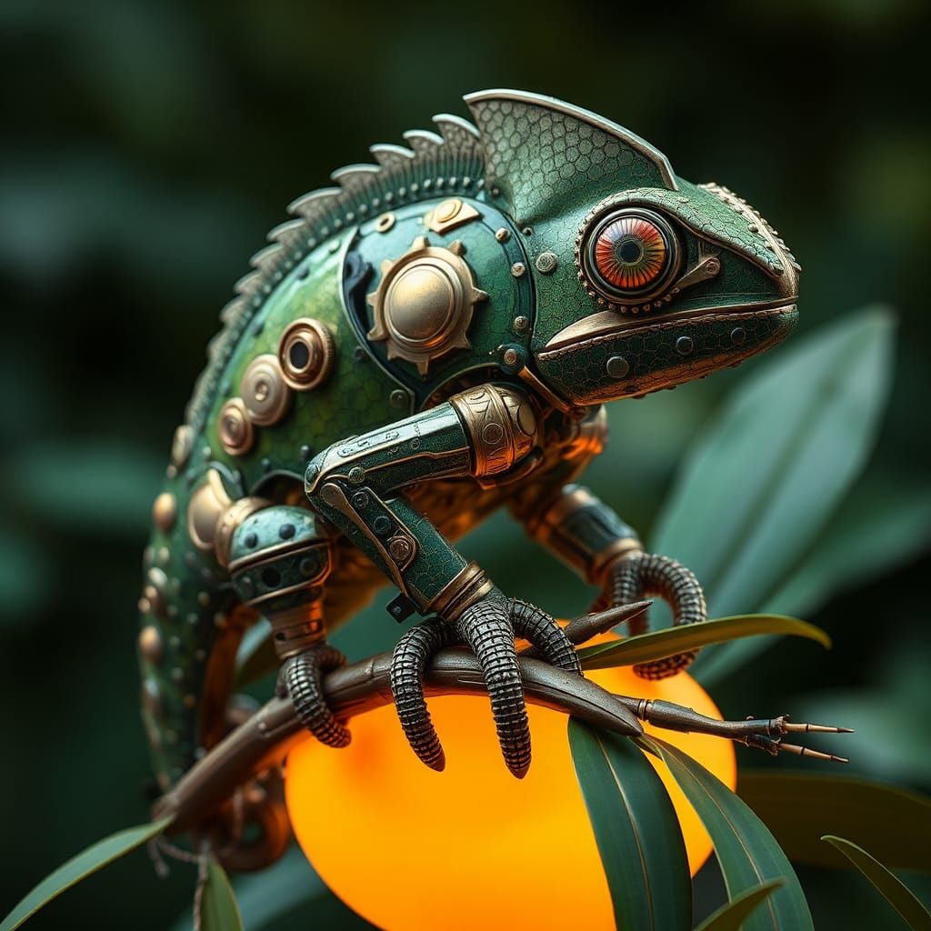 Steampunk Mechanical Chameleon on Bamboo Stalk
