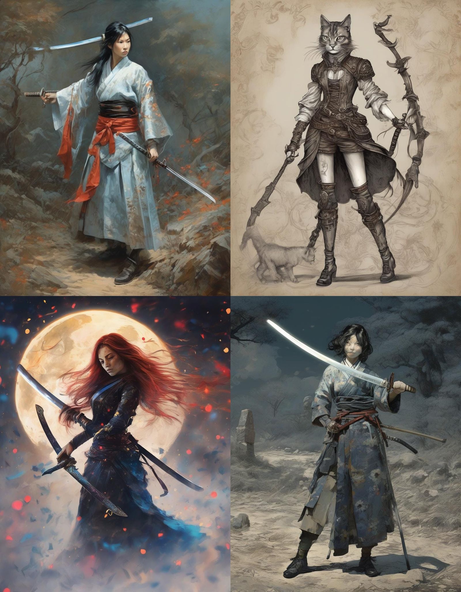 Fantasy Woman with Katana in Pointillism Style