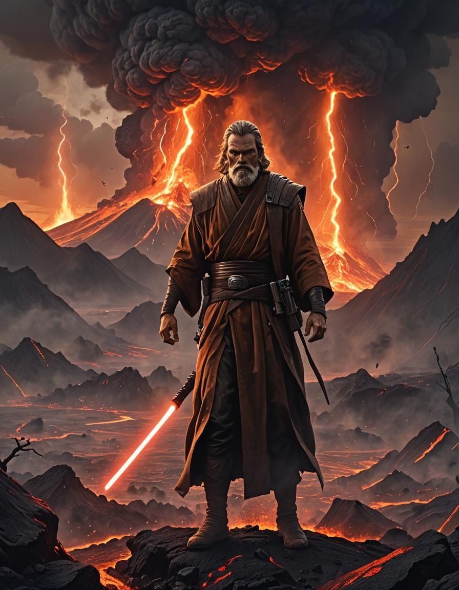 Jedi Master in Volcanic Landscape at Sunset