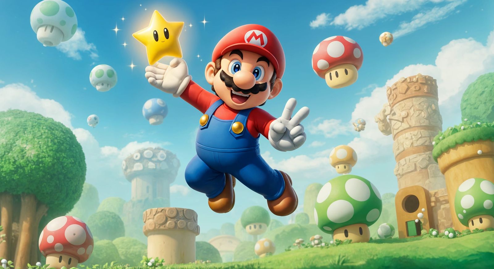 Mario Soars Through Vibrant Mushroom Kingdom in Victory