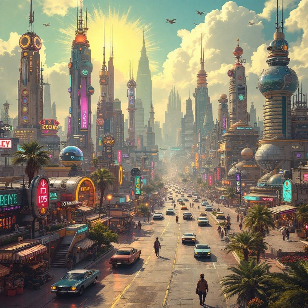 Retrofuturistic Vision of 2025 Cityscape at Dusk