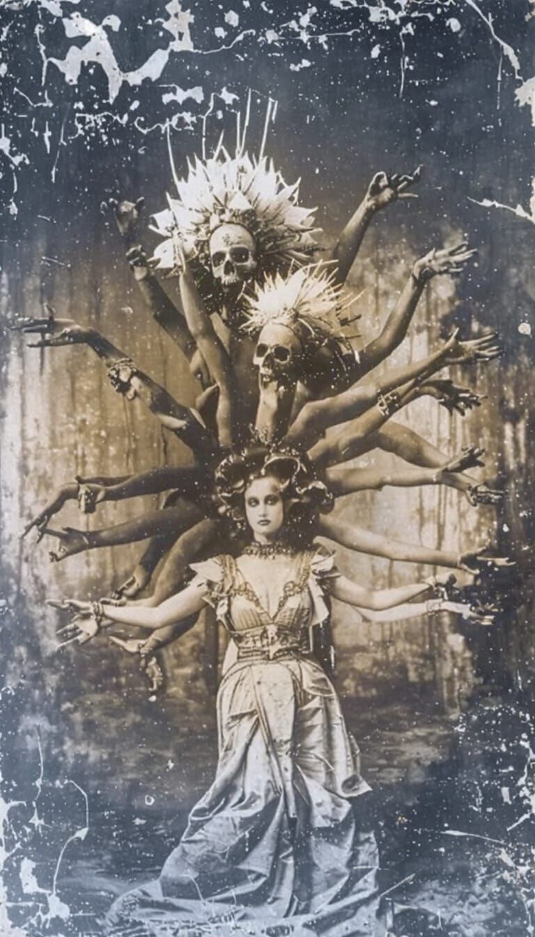 Vintage Daguerreotype: Multi-Armed Demonic Figures