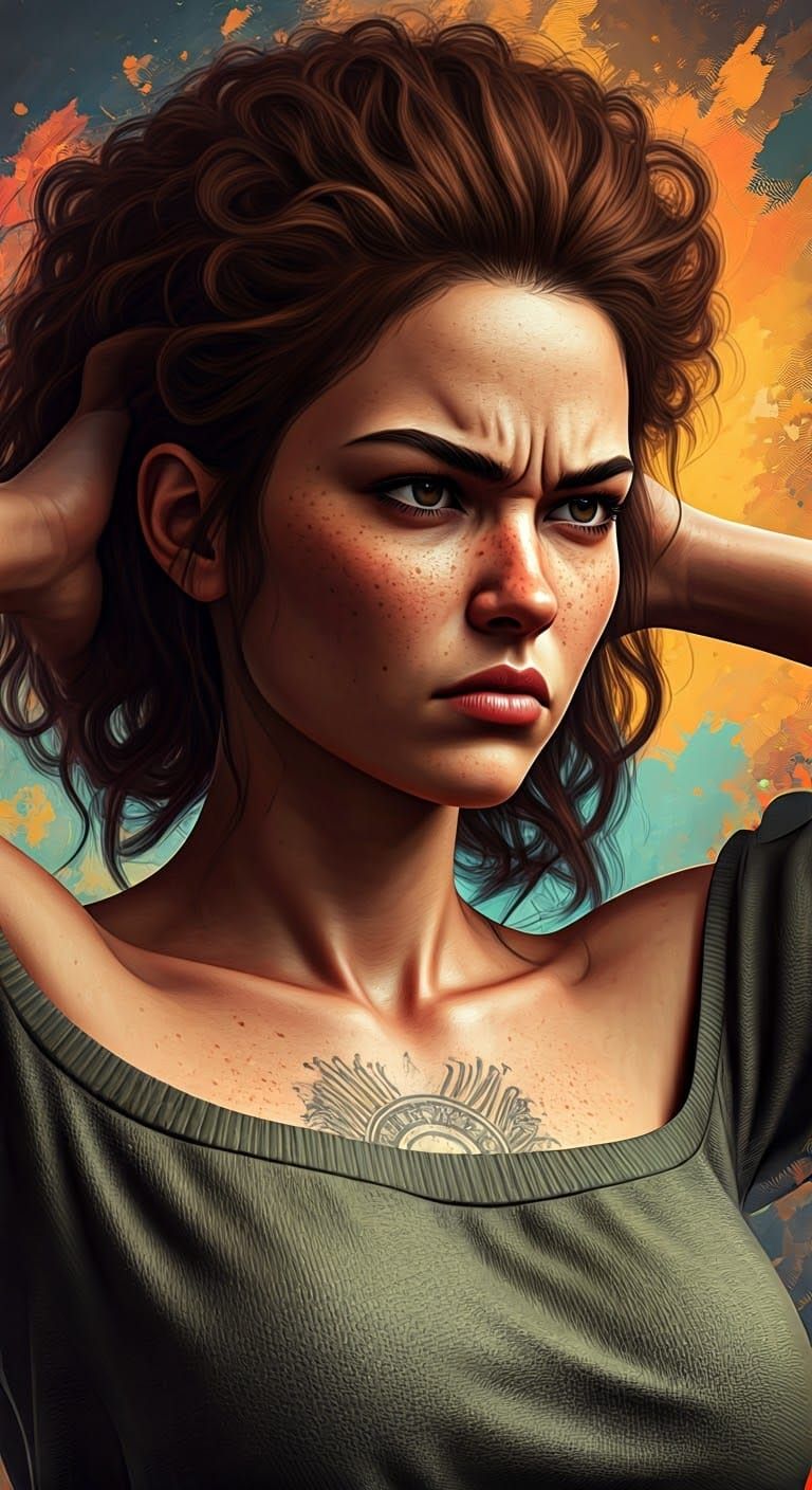 Angry Woman with Tattoo in Digital Art Style