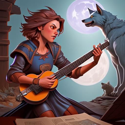 Wolf Plays Lute in Comic Book Art Style