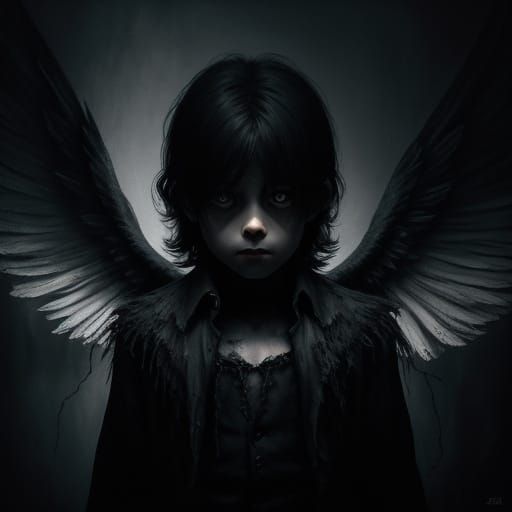 Surreal Child Angel in Dark Attic Oil Painting