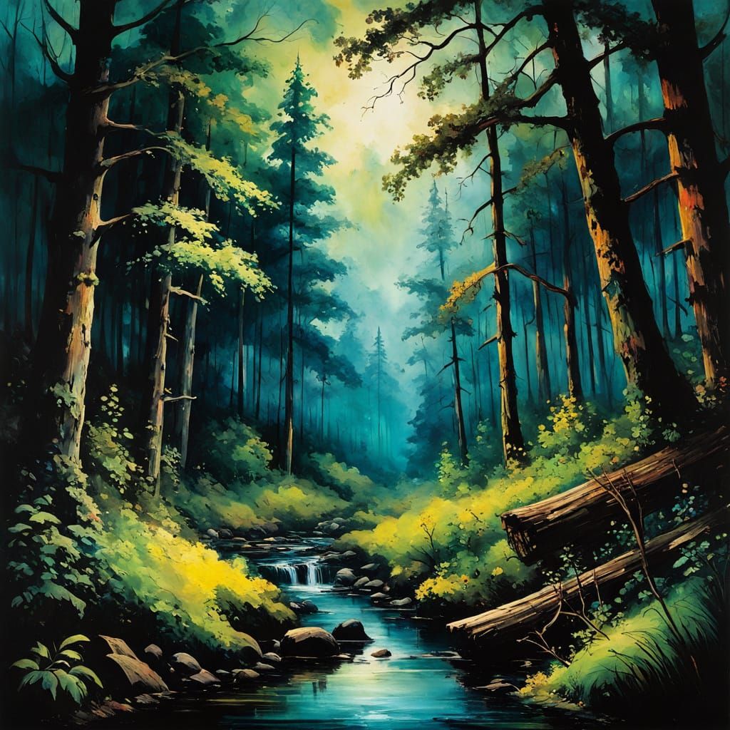 Colorful Cartoon Forest Stream in Chiaroscuro Style