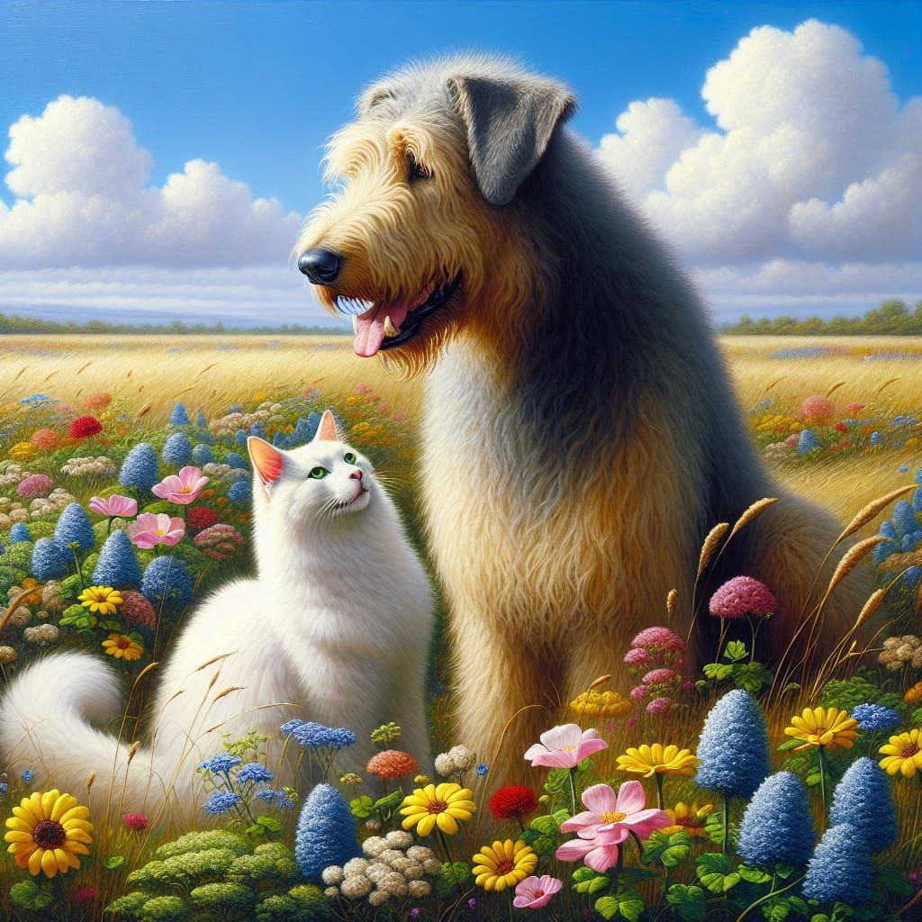 Irish Wolfhound and Cat in Floral Meadow as Oil Painting