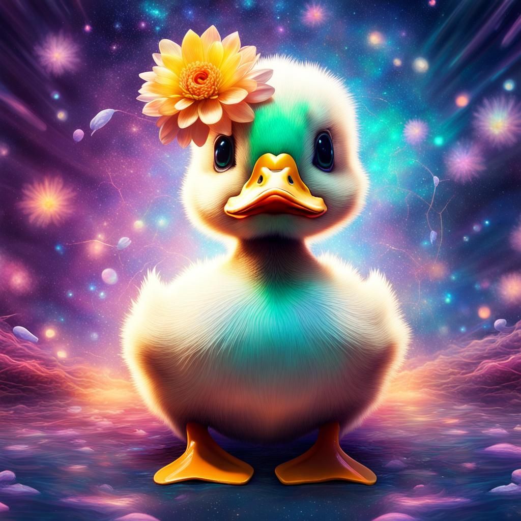 Fuzzy Duckling with Flower: Astral Illustration
