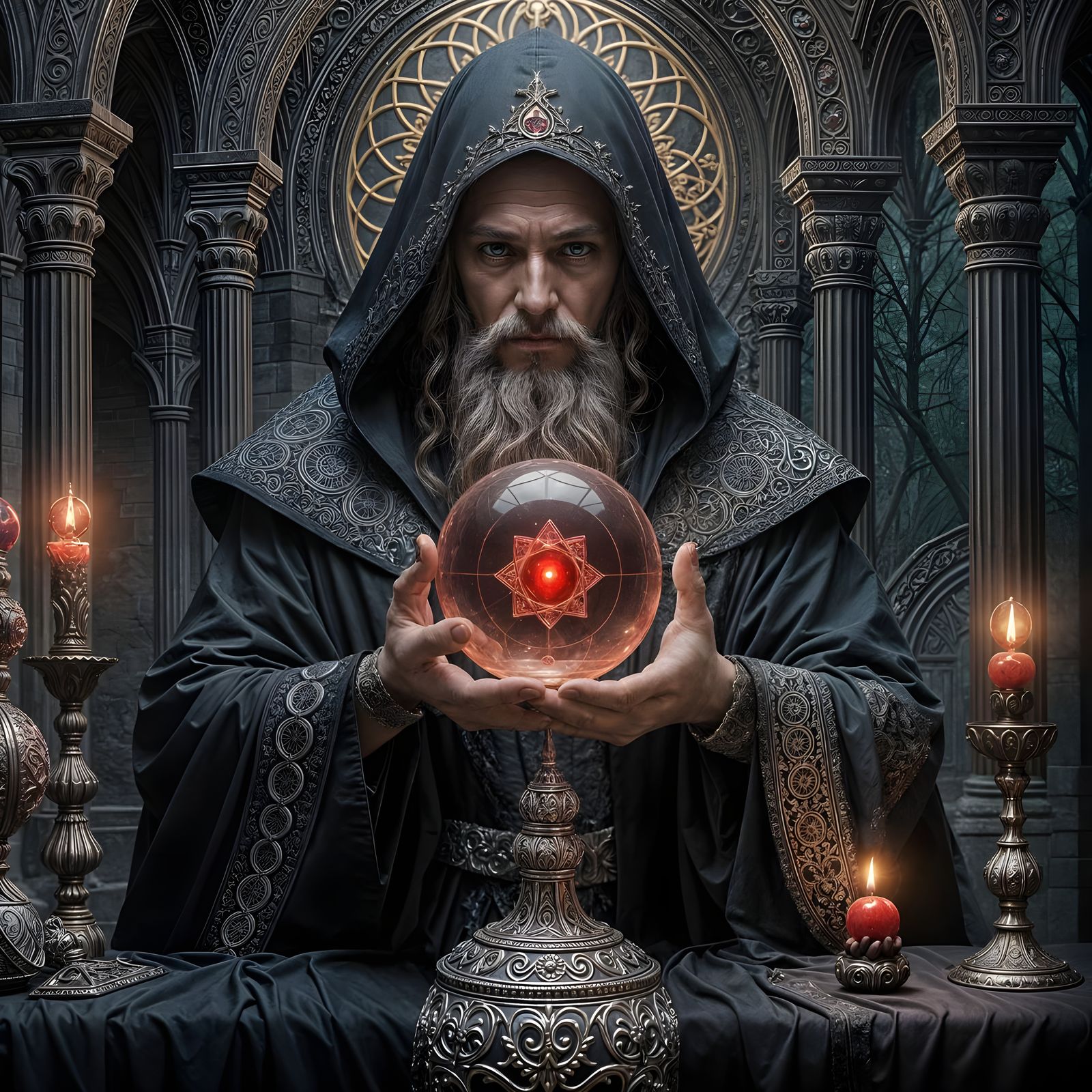 Ethereal Gothic Sorcerer Holds a Ruby Orb in Cinematic Reali...