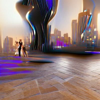 Futuristic Cityscape with Dancing Couple
