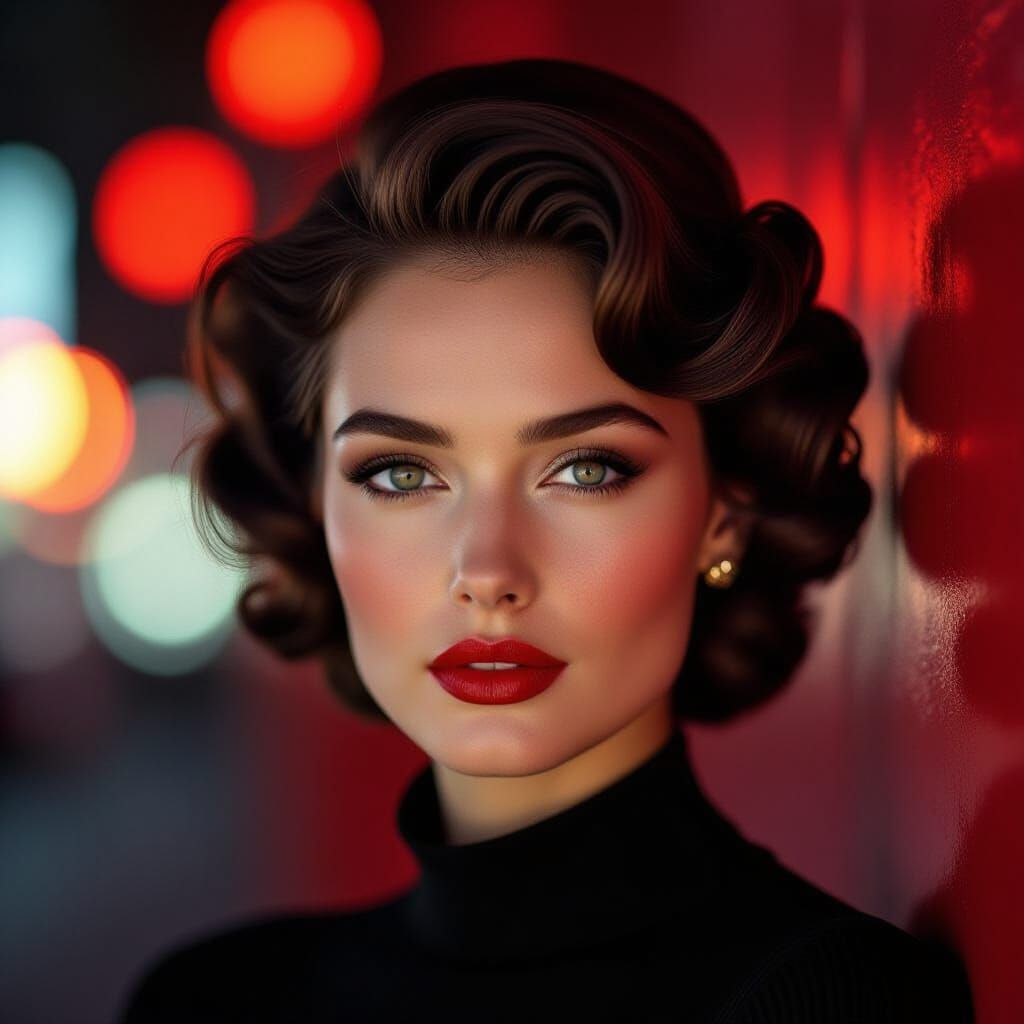 A dramatic, high-contrast portrait in the style of 80s and 9...