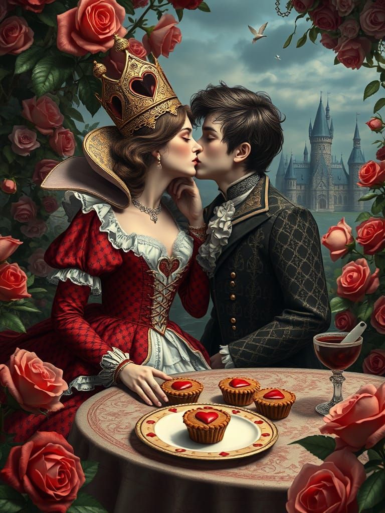 Fantasy Queen of Hearts Portrait in a Surreal Playing Card P...