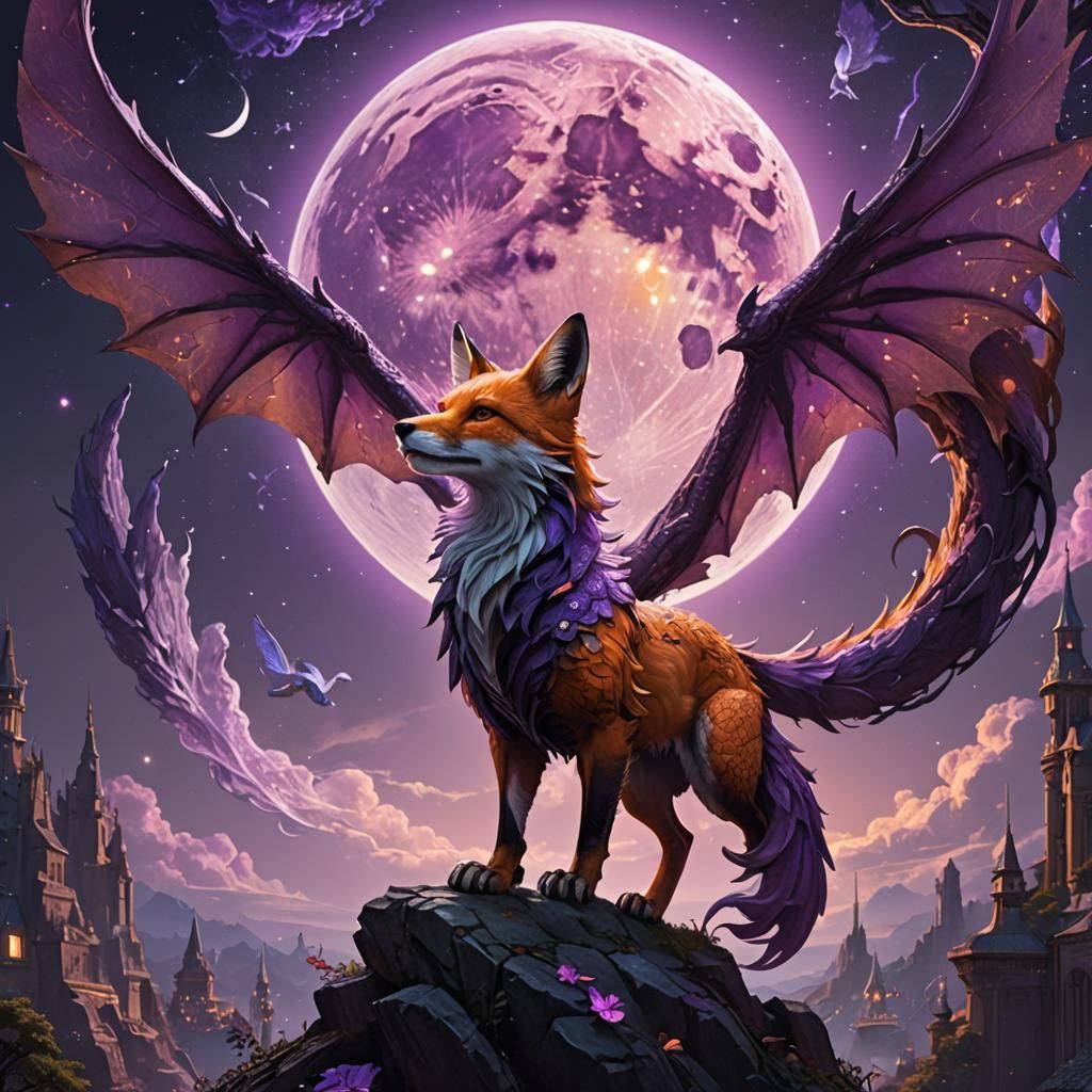 Fox Dragon Gazing at Purple Moon in WLOP Style