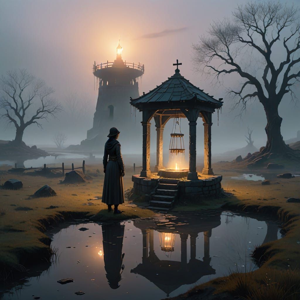 Ethereal Guardian Beside Glowing Wishing Well in Misty Lands...