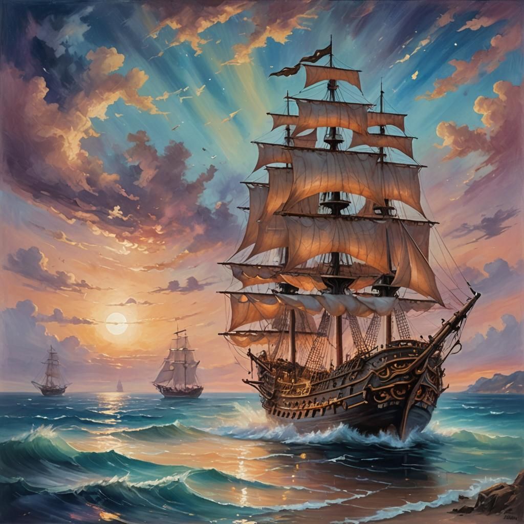 Pirate Ship Sails Dreamy Mediterranean Seascape as Watercolo...