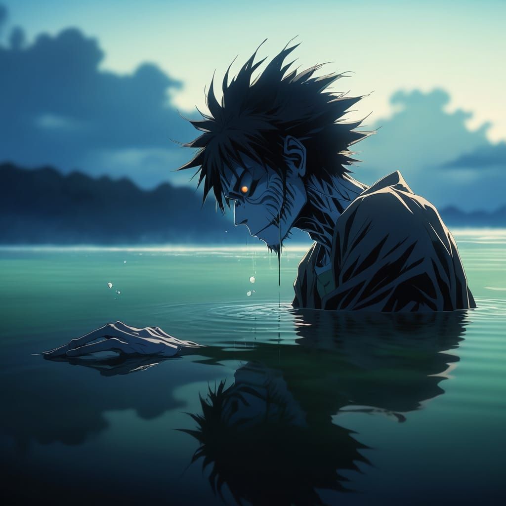 Surreal Anime Key Visual of Ryuk Floating Above Serene Water