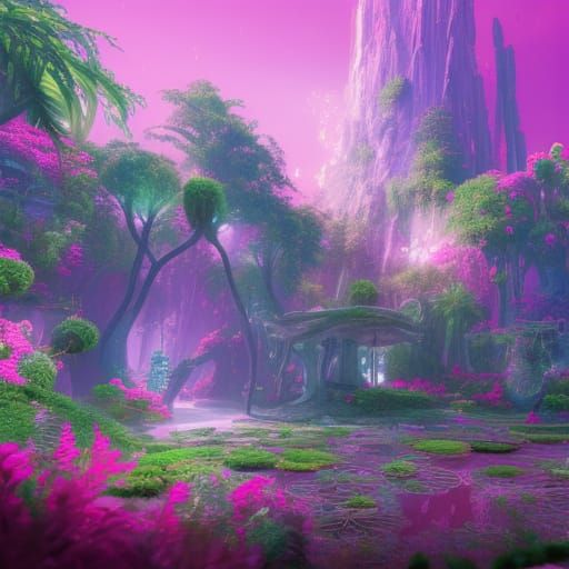 Pink Cybercore Garden in Detailed Matte Painting