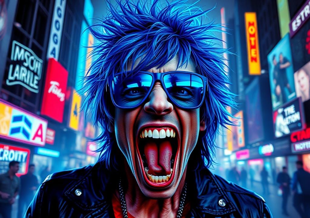 Cyberpunk Mick Jagger with Blue Mohawk, Hyperrealistic Art