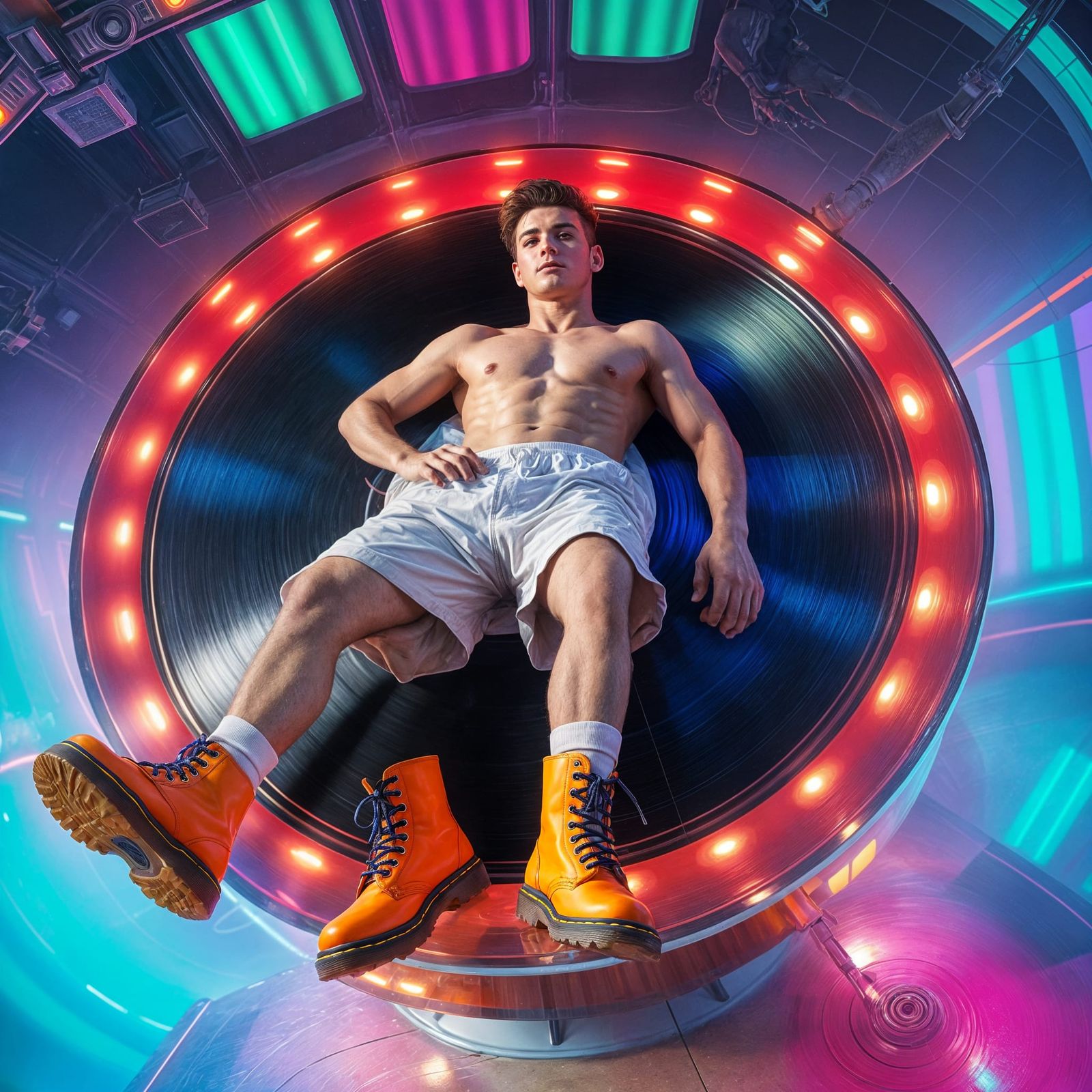 Shirtless Model Lies on Vinyl Record, Wearing Bright Orange...