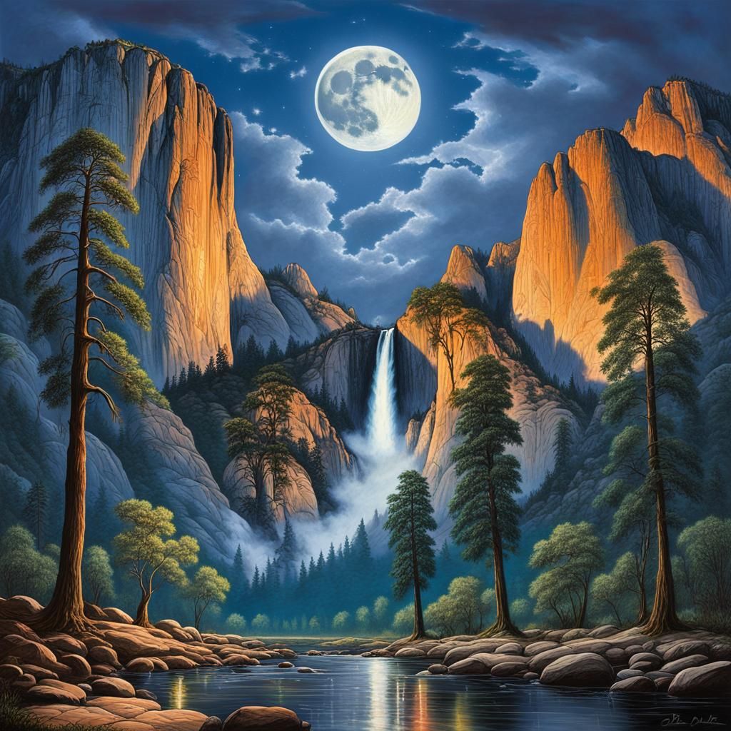 Angel Falls Yosemite: Full Moon in Gouache Style
