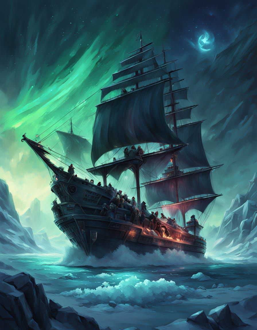 Penguin Pirates Hauling Treasure Under Aurora Sky
