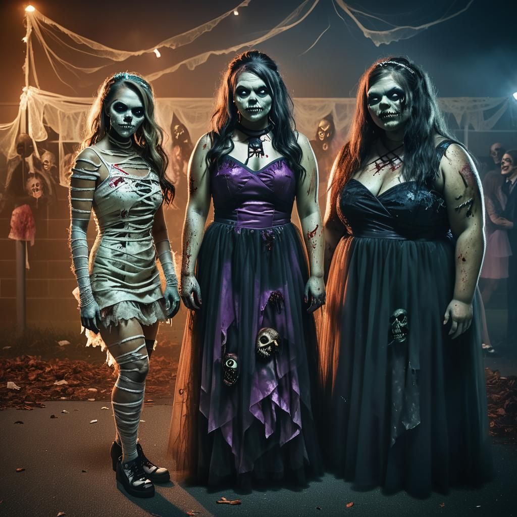 Halloween High School Prom with Zombie and Mummy Girls