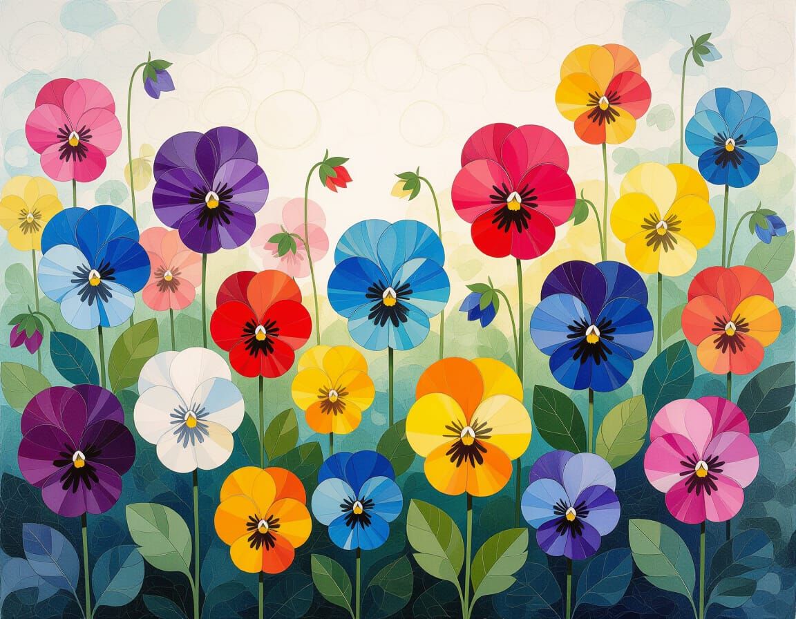Pansy Flowerbed in Transparent Watercolour Painting