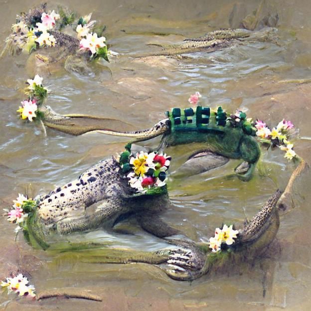 Crocodile with Flower Crown and Bouquet