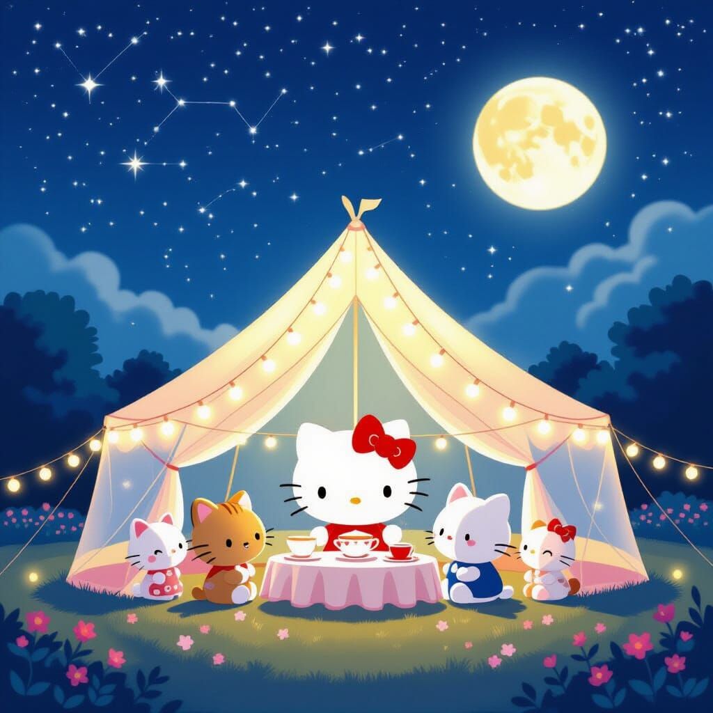 Hello Kitty Tea Party Under Starry Night Sky