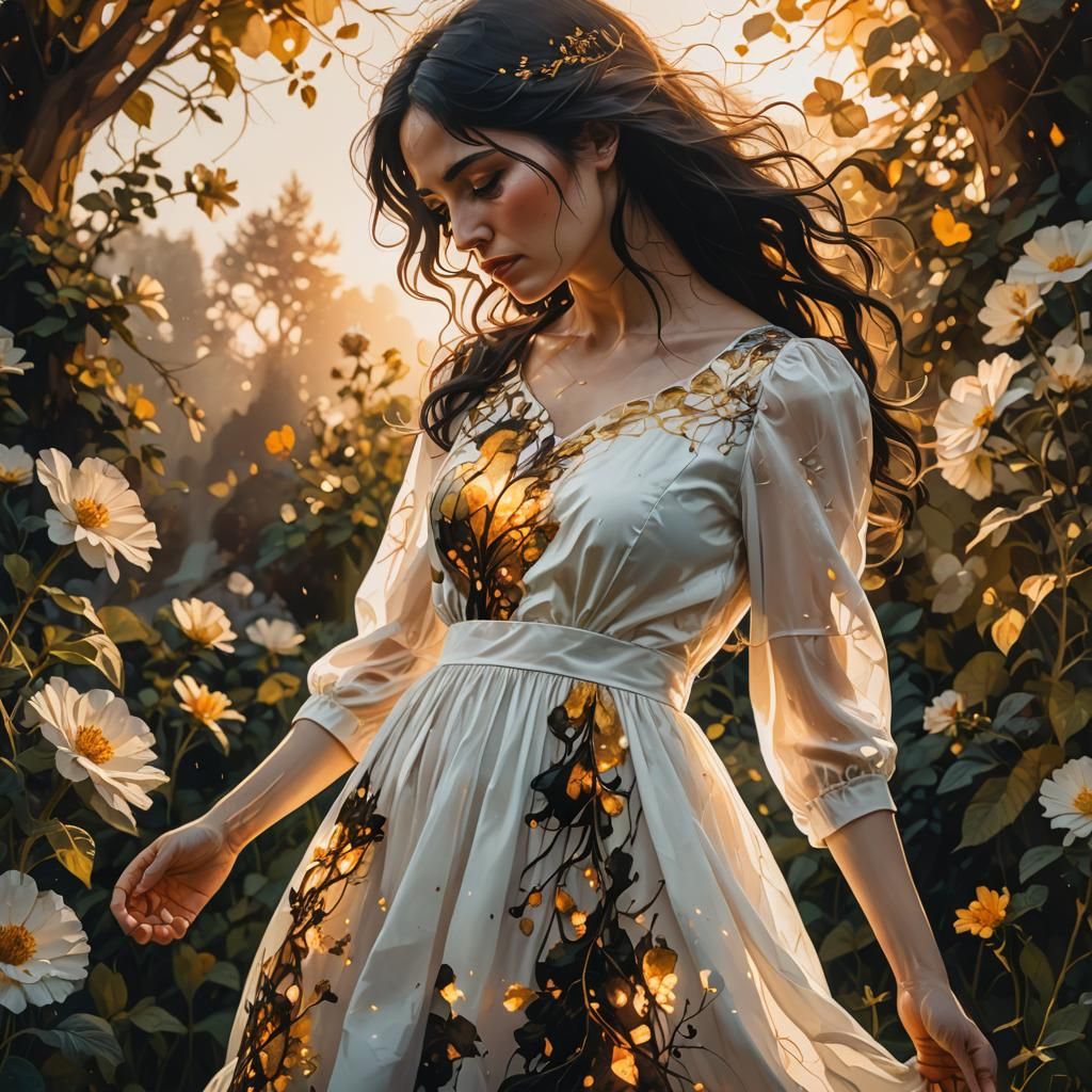 Sorrowful Woman's Golden Hour in Double Exposure