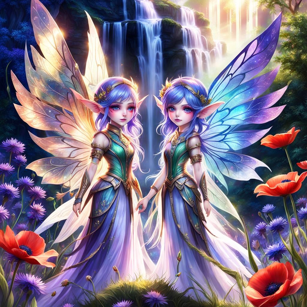Ethereal Flower Elves with Wings by Waterfall
