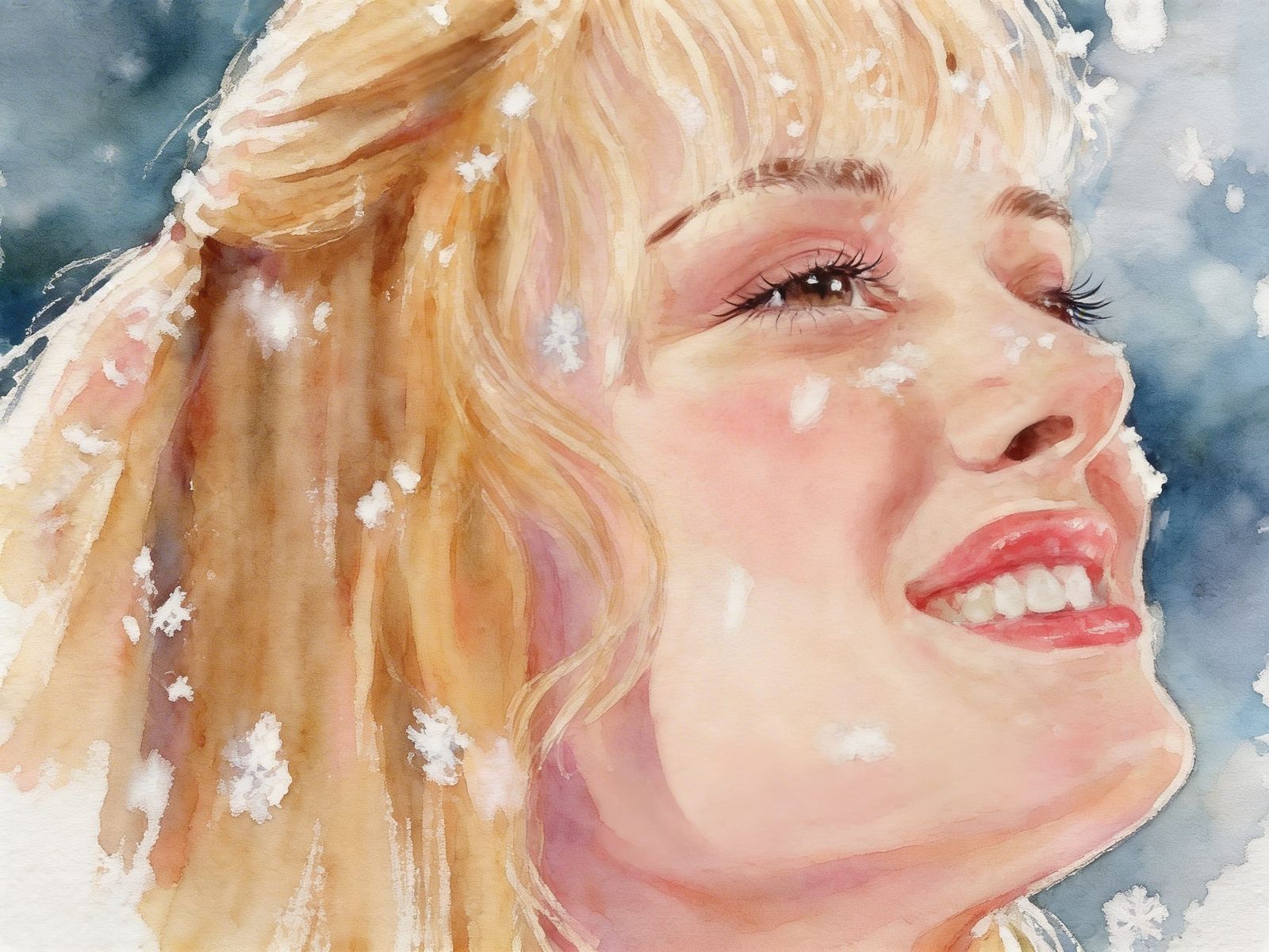 Young Girl Smiling in Falling Snow Watercolor