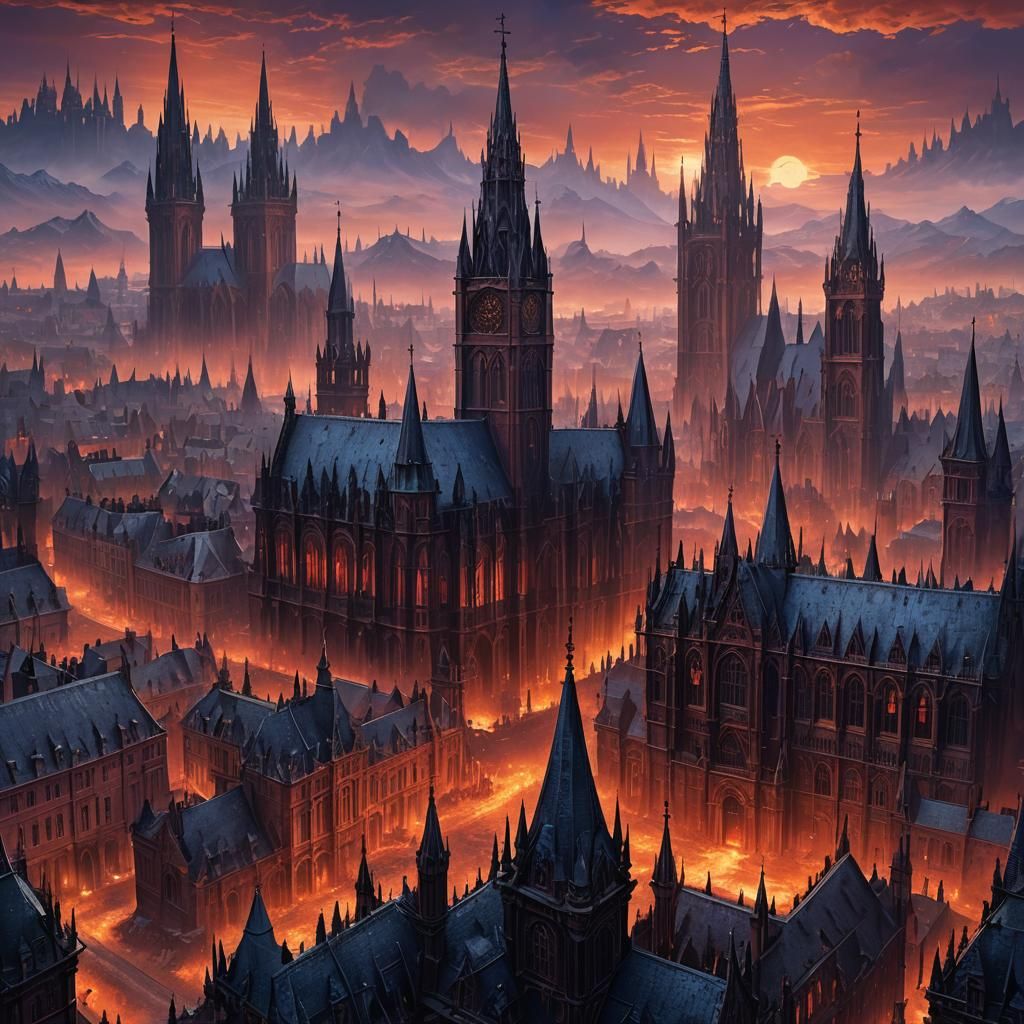 Bloodborne Cityscape: Dark Gothic Sunset in Fantasy Style