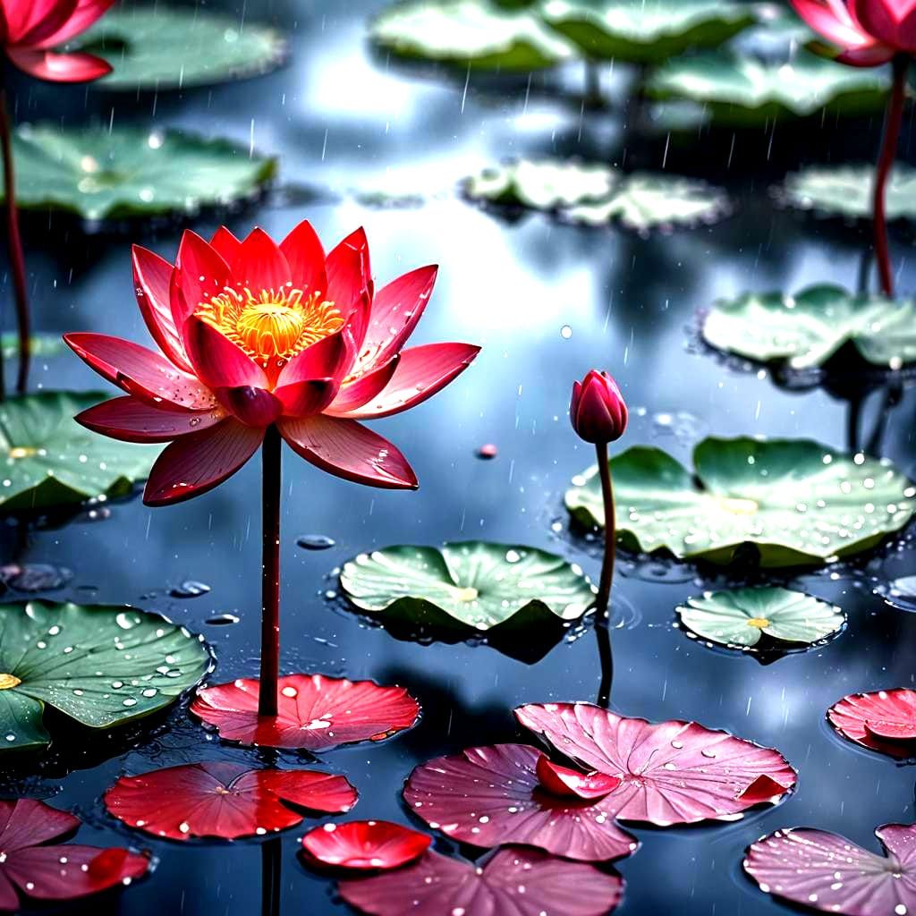 Red Lotus Petals Reflecting Raindrops in Detailed Matte Pain...