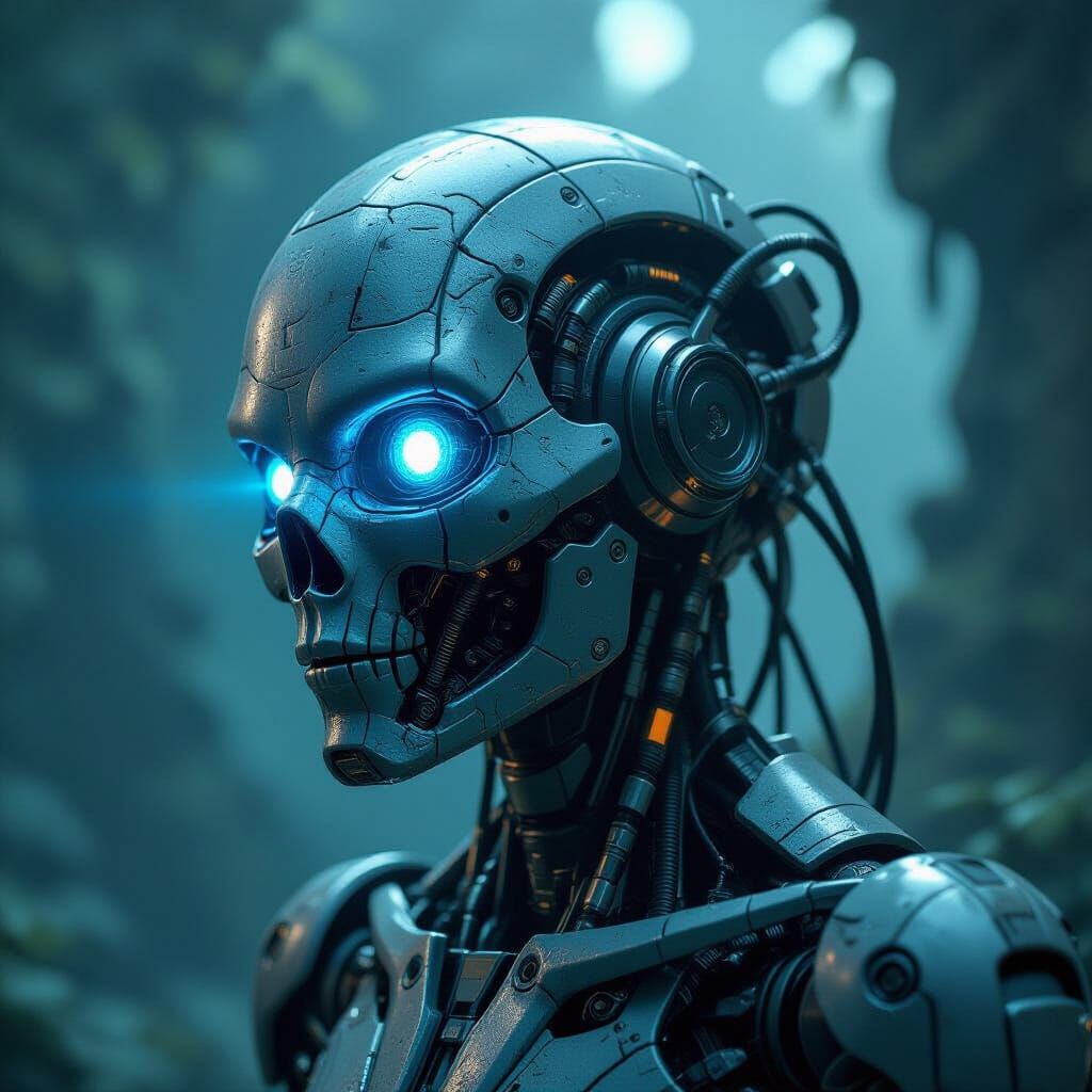 Futuristic Fossil Robot with Glowing Eye