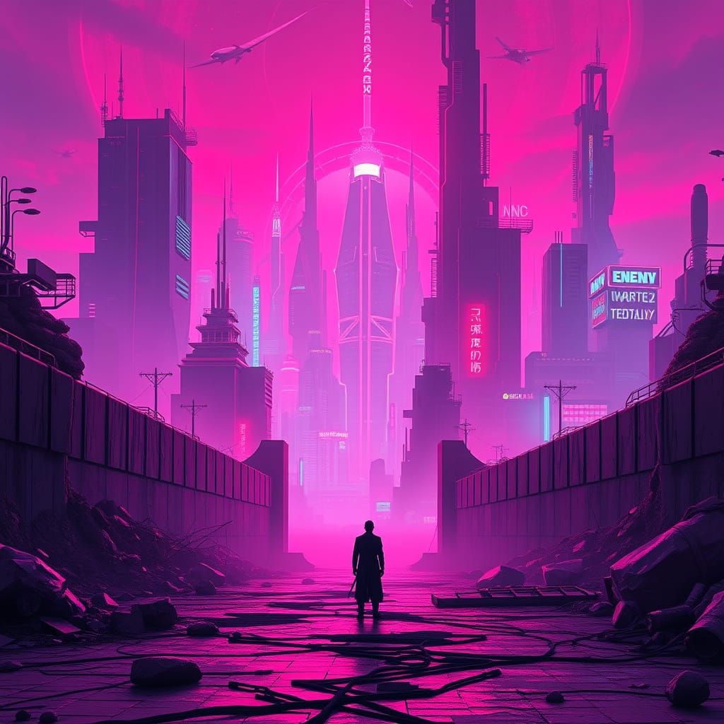 Synthwave Neon Figure Outside Futuristic City