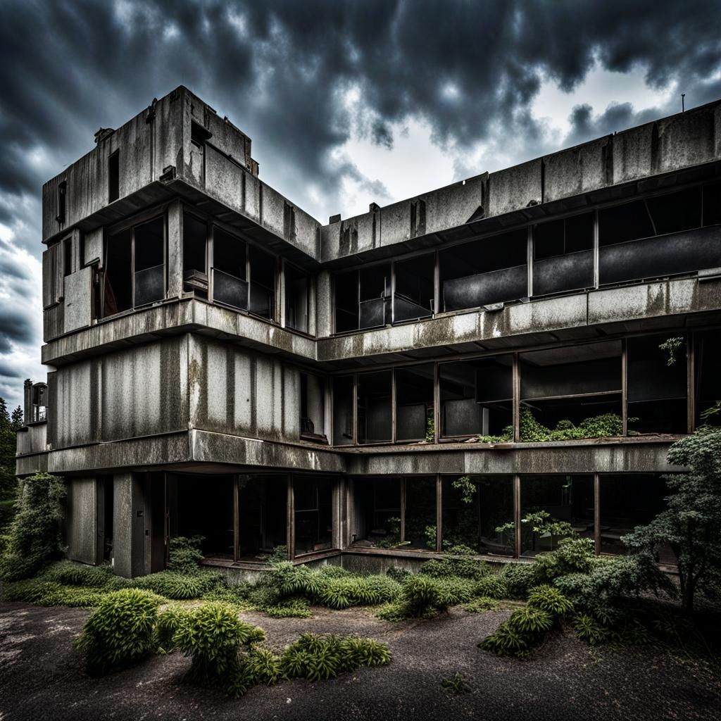 Hyperrealistic Abandoned Brutalist Clinic in Post-Apocalypti...