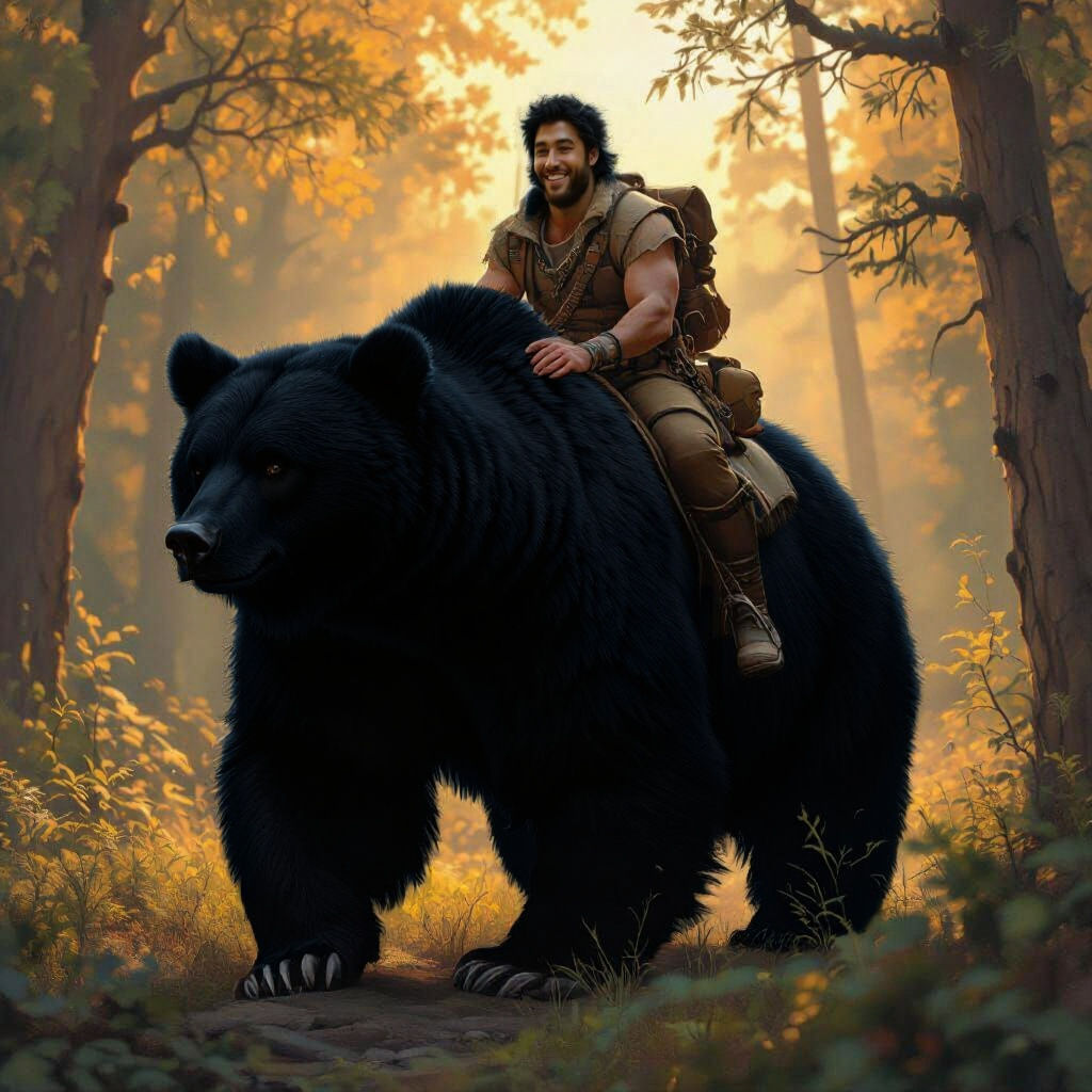 Person Riding Bear Through Forest, Detailed Matte Painting