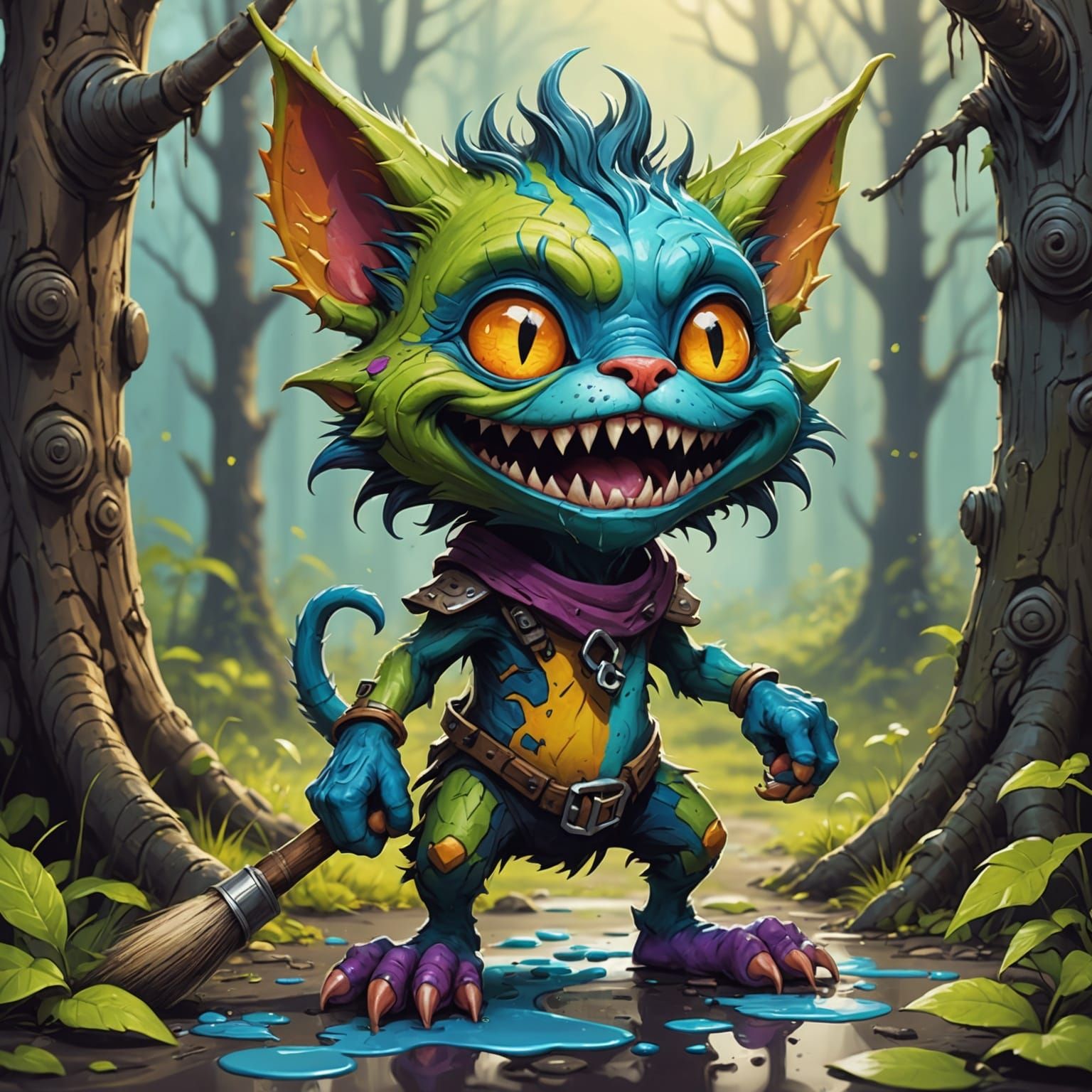 Colorful Cat-like Goblins Painting Trees as Graffiti Art