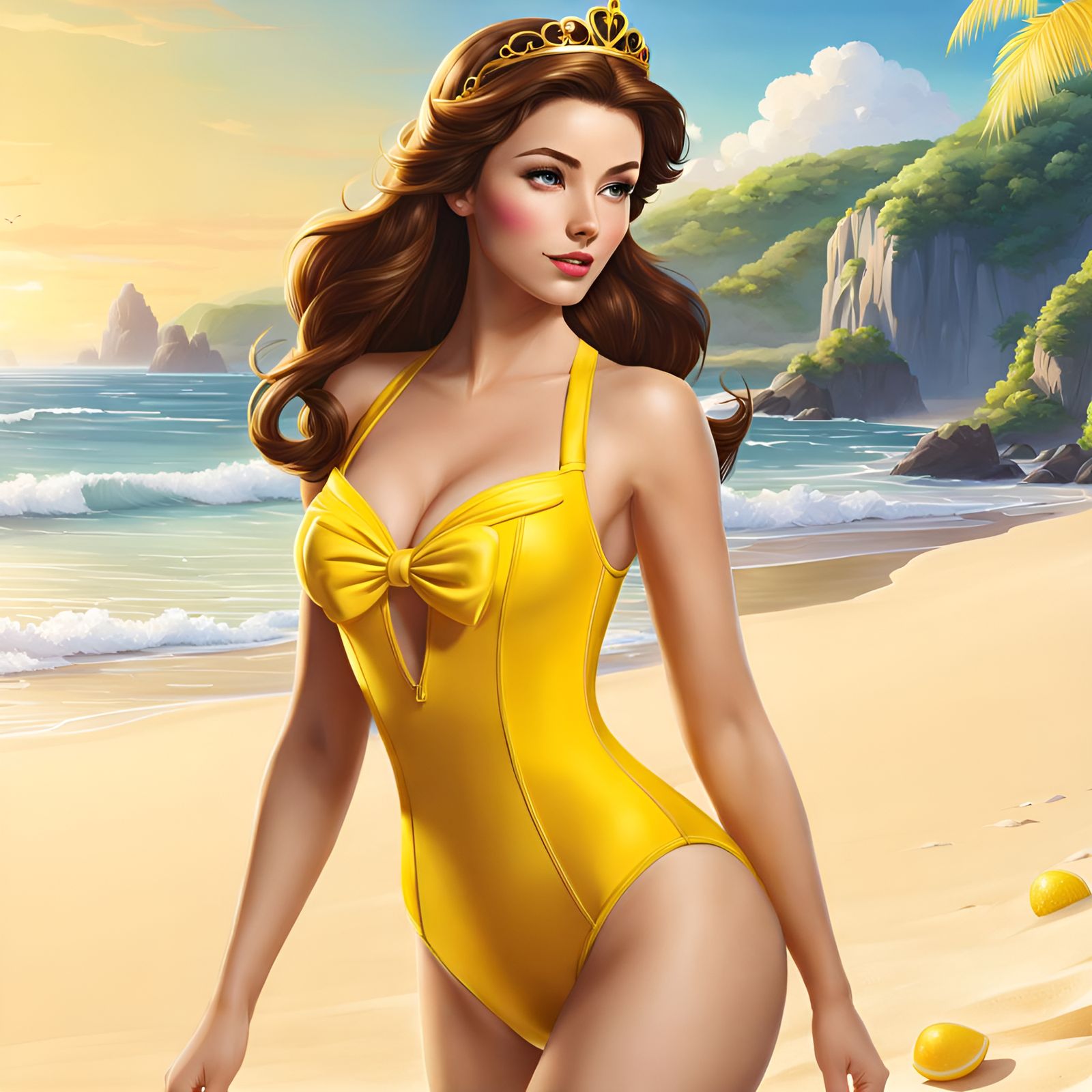 Princess Belle in Yellow Swimsuit at the Beach