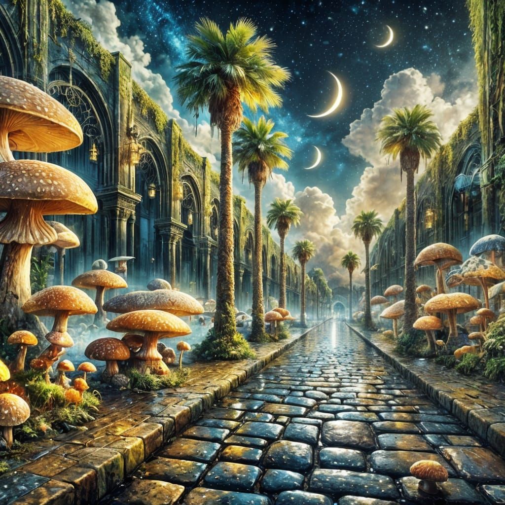 Gothic Surrealism: A Cobblestone Street at Night