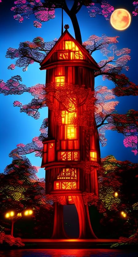 Enchanting Treehouse Under Starry Cottagecore Sky