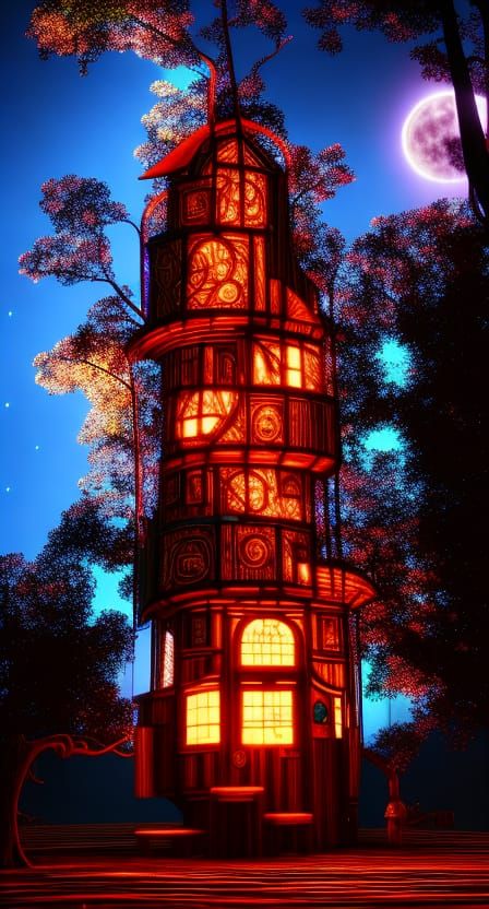Elaborate Treehouse Under Starry Sky in Cottagecore Style