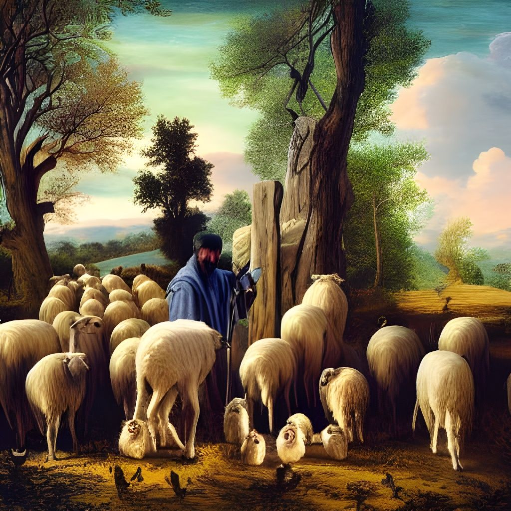 Shepherd and Flock in Eerie Romantic Landscape