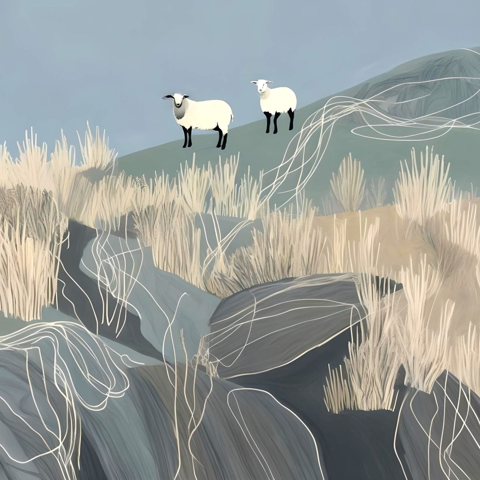 Sheep in Abstract Landscape with Brushstrokes