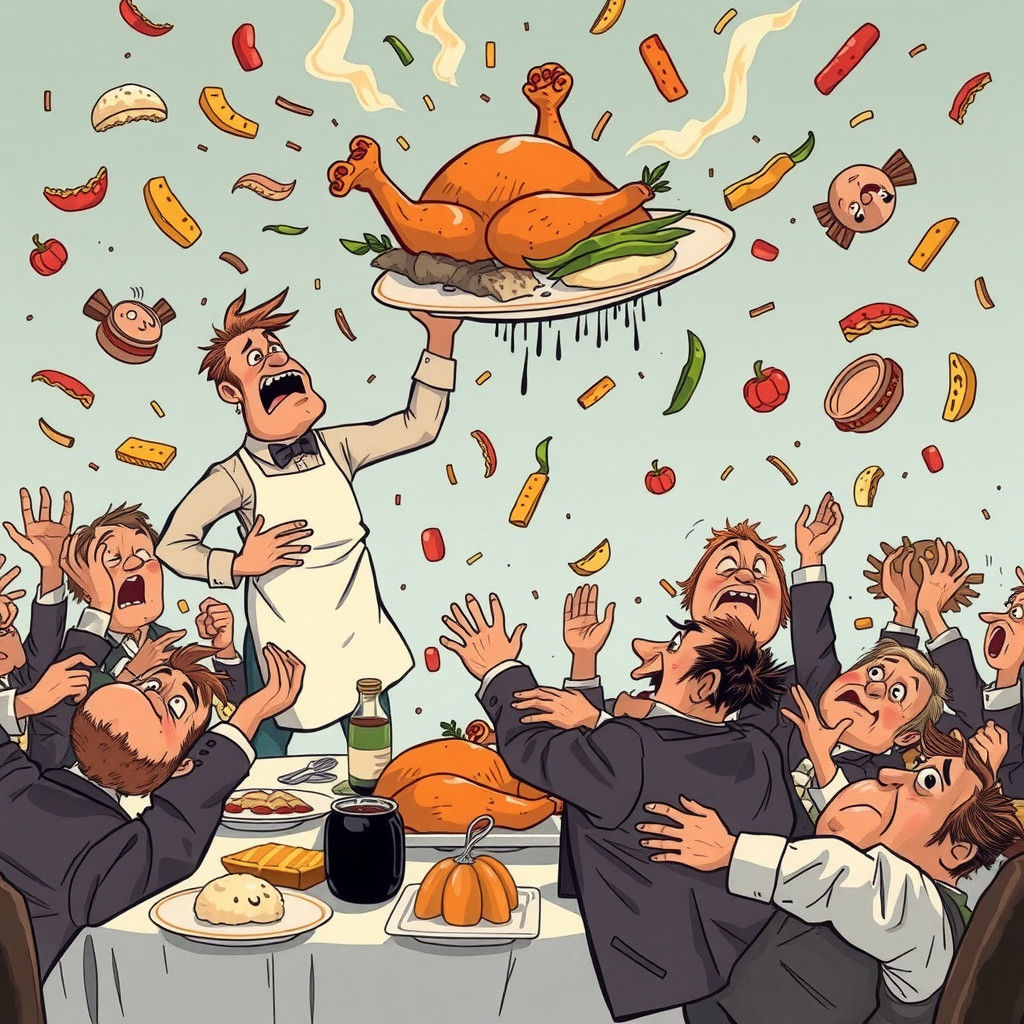 Chaotic Thanksgiving Dinner Scene in Rockwell Style