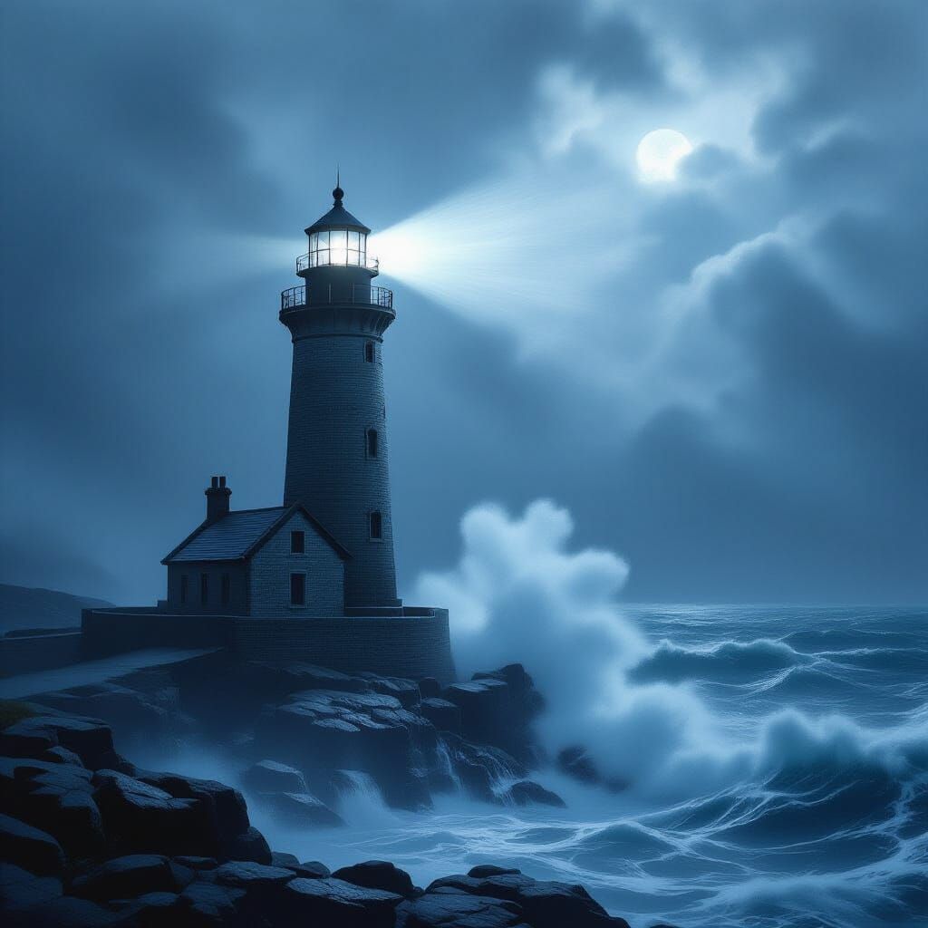 Solitary Lighthouse Beam Against Tempestuous Sea