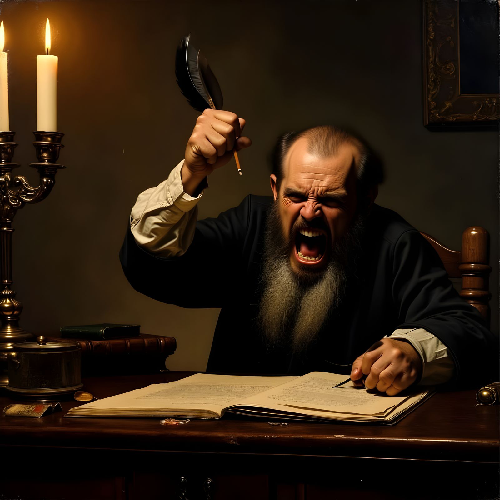 Angry Scholar in Candlelit Study
