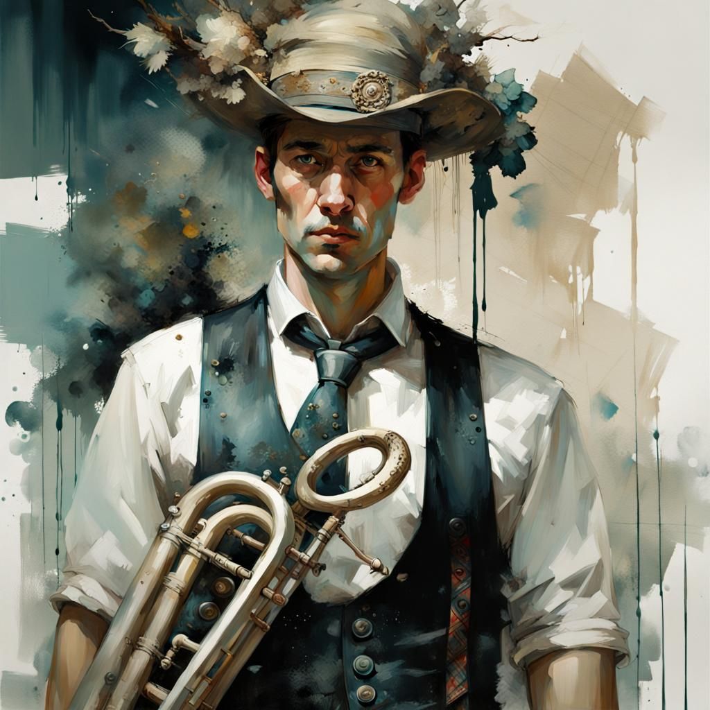 Man in Dirndl with Hunting Horn: Impasto Portrait